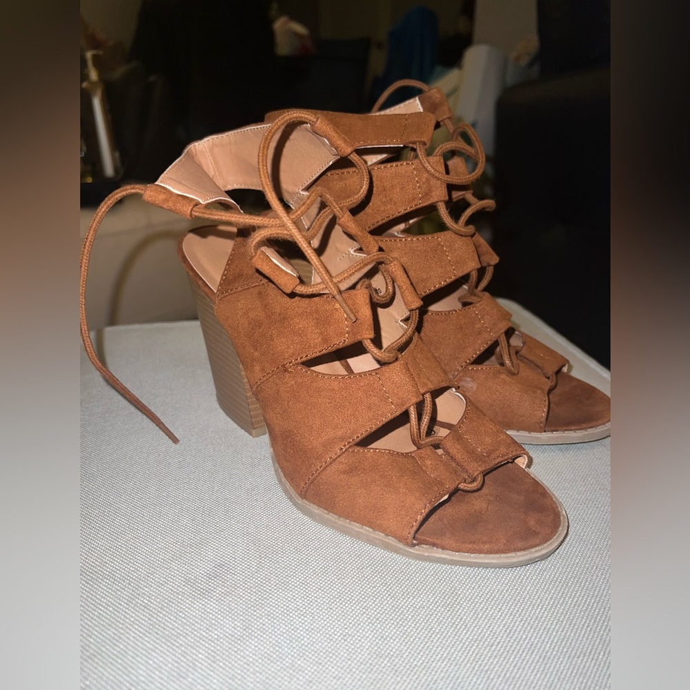 Suede Brown Open Toe Heel Sandals